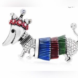 Crystal Dachshund Brooch with Red Crown and Multicolor Enamel